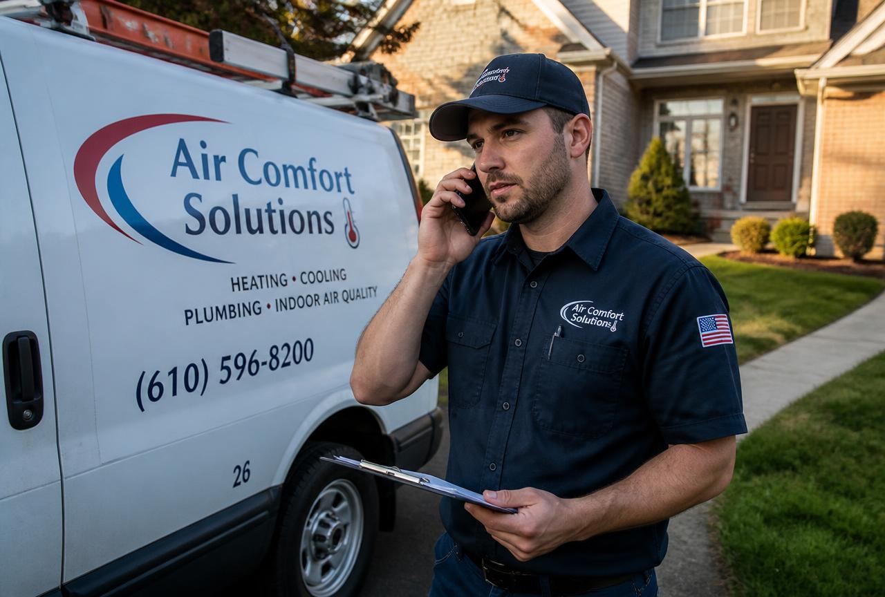An HVAC technician taking a customer call beside his work van