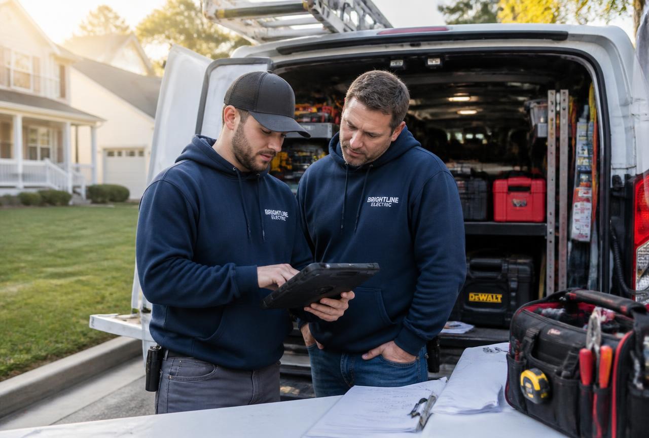 Two tradespeople checking the day's job details on a tablet at their van
