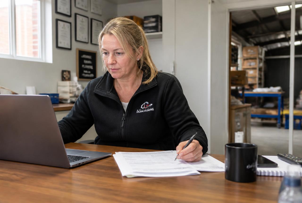 An office manager working through invoices and job paperwork at a desk